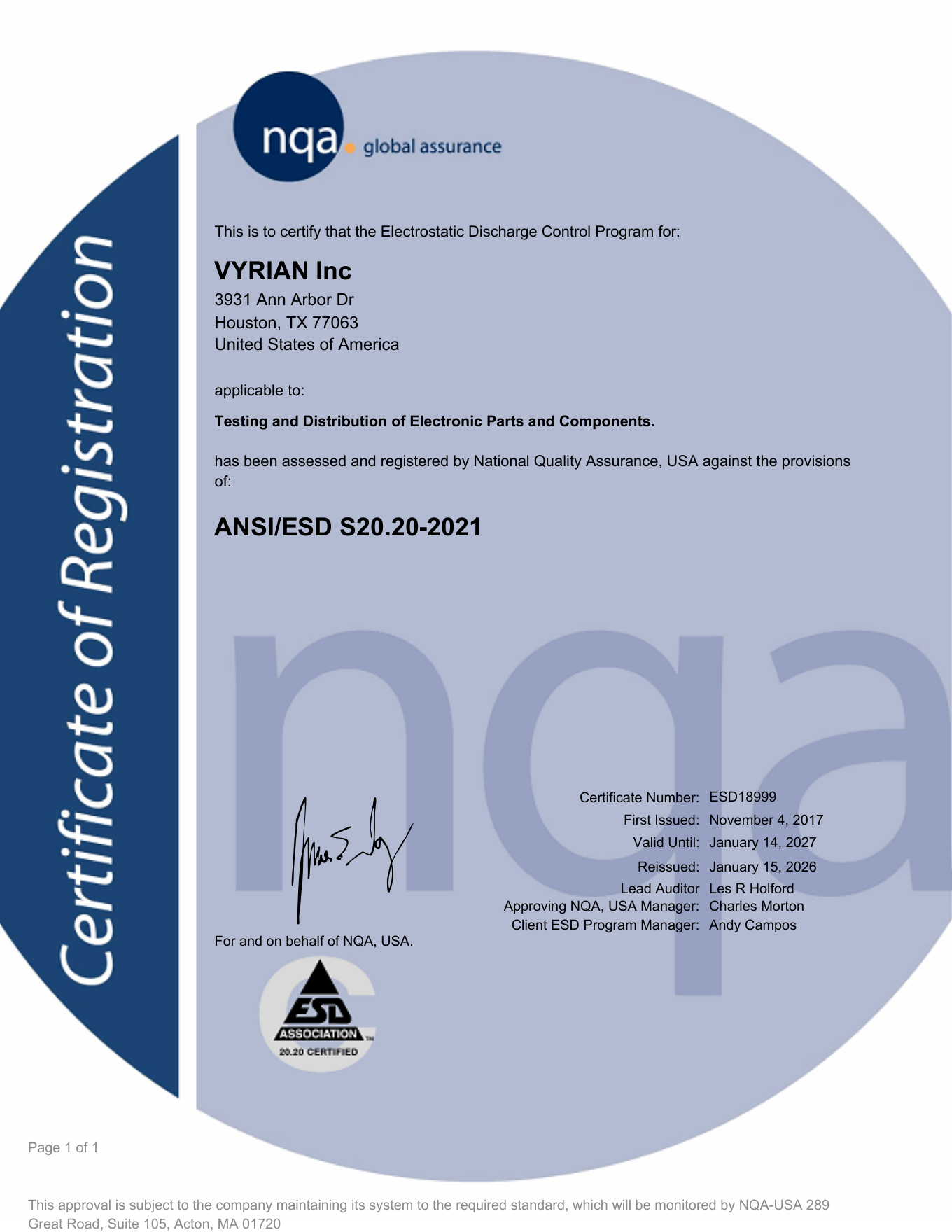 ESD Control Program certificate preview