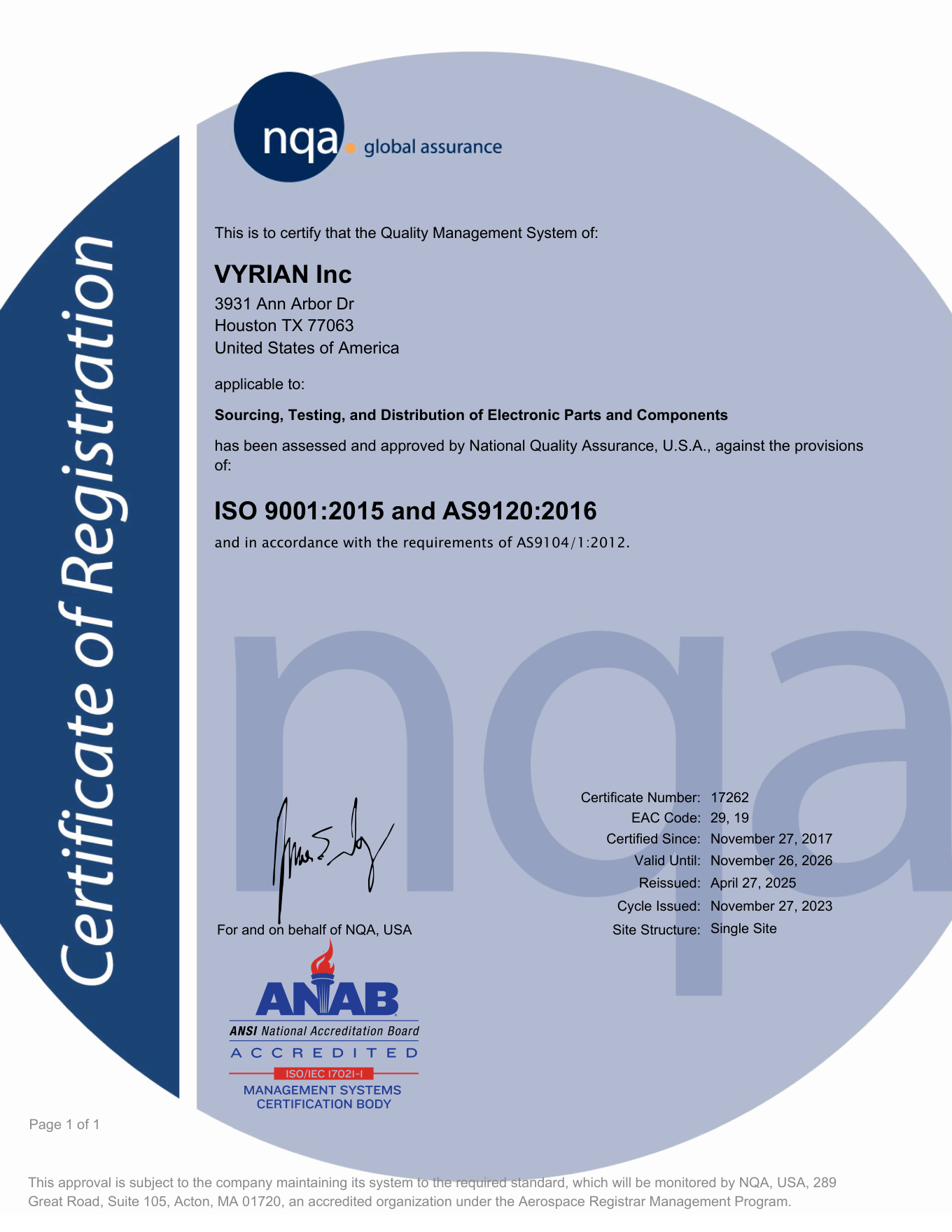 AS9120 Quality Management certificate preview